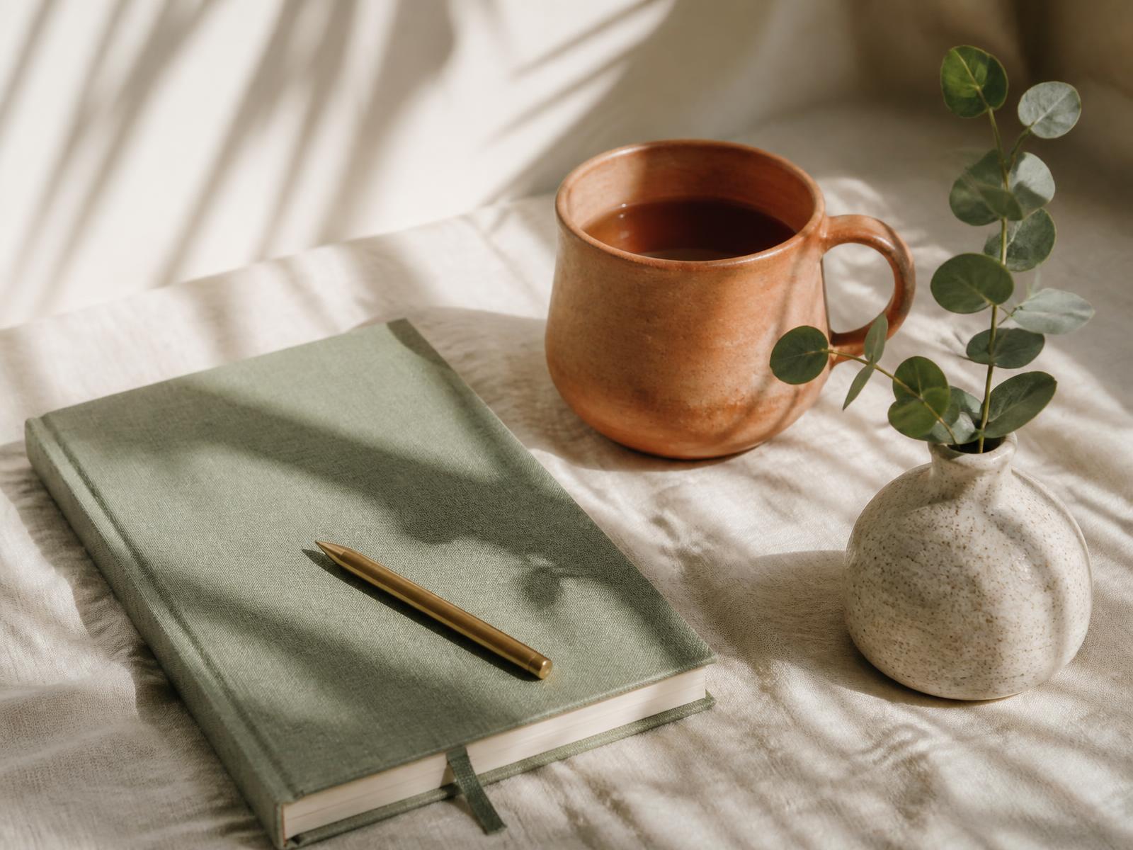Sage green journal, brass pen and terracotta mug in soft morning light